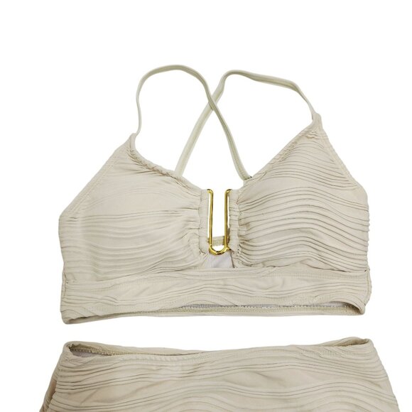 Two-Piece Beige Womens Textured Bikini Set High-Waisted Strappy Top Size M - Picture 3 of 5